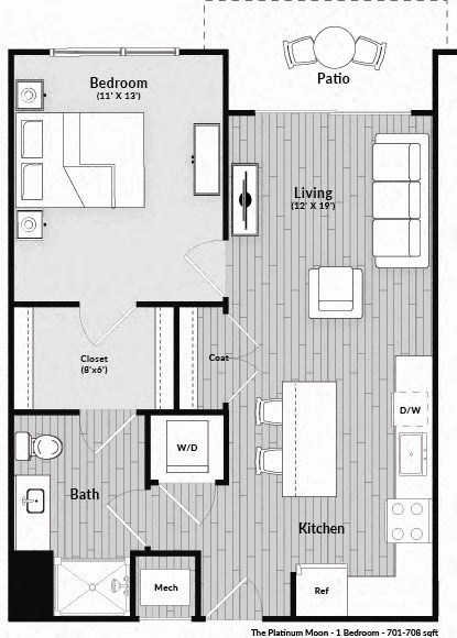 Floor plan for 1 bed, 1 bath, 708 sqft